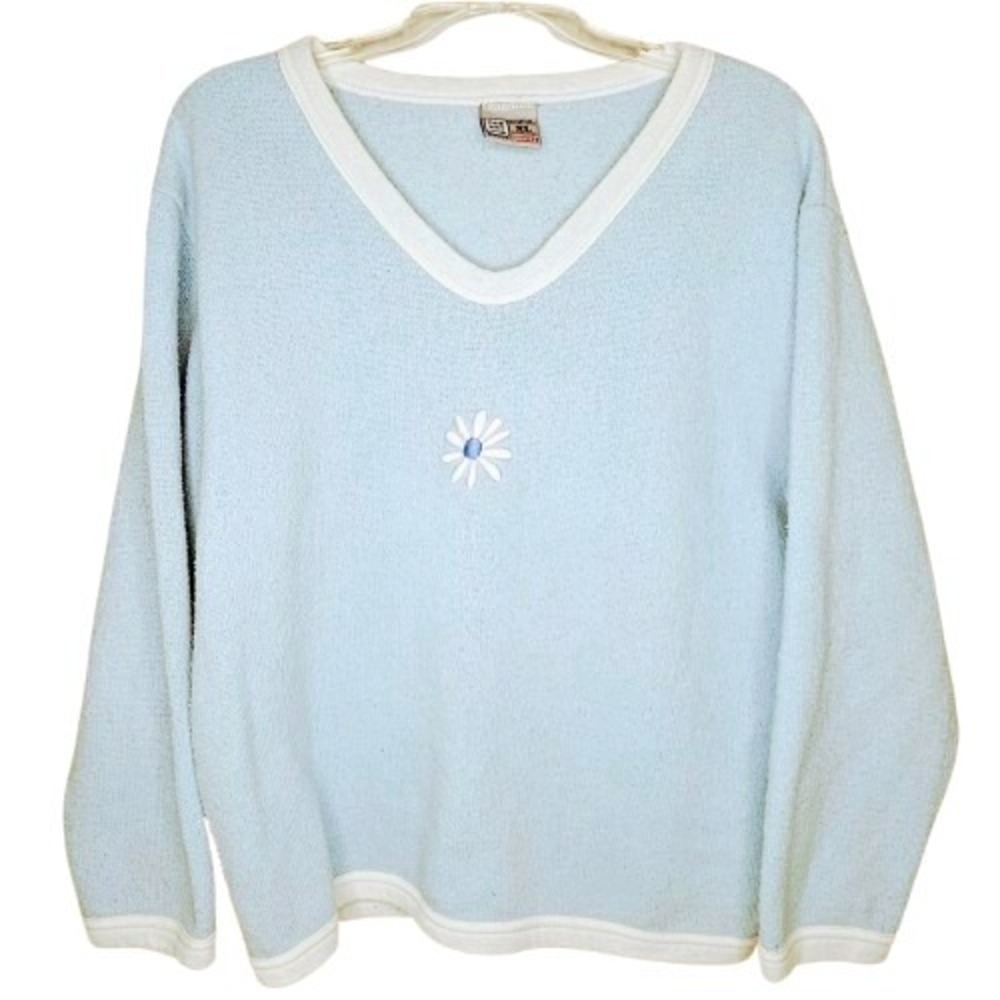 One Way Women's Top XL Blue Long Sleeve Pullover White Daisy Scoop‎ Cotton Comfy